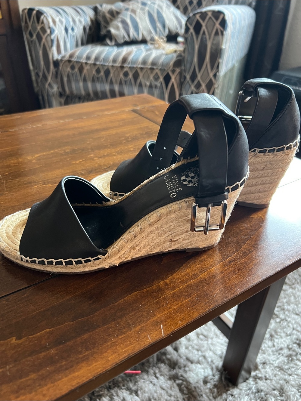Vince Camuto Black Espadrille Wedge Sandals with Ankle Buckle